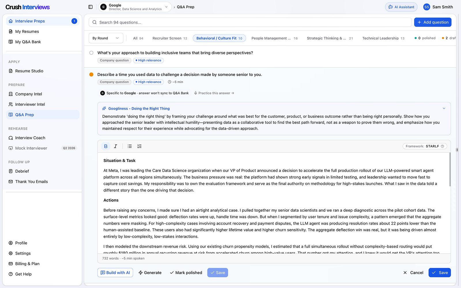 Crush Interviews — Q&A practice screen